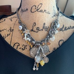 Taramanda Silver Charm Rhinestone Cluster Necklace